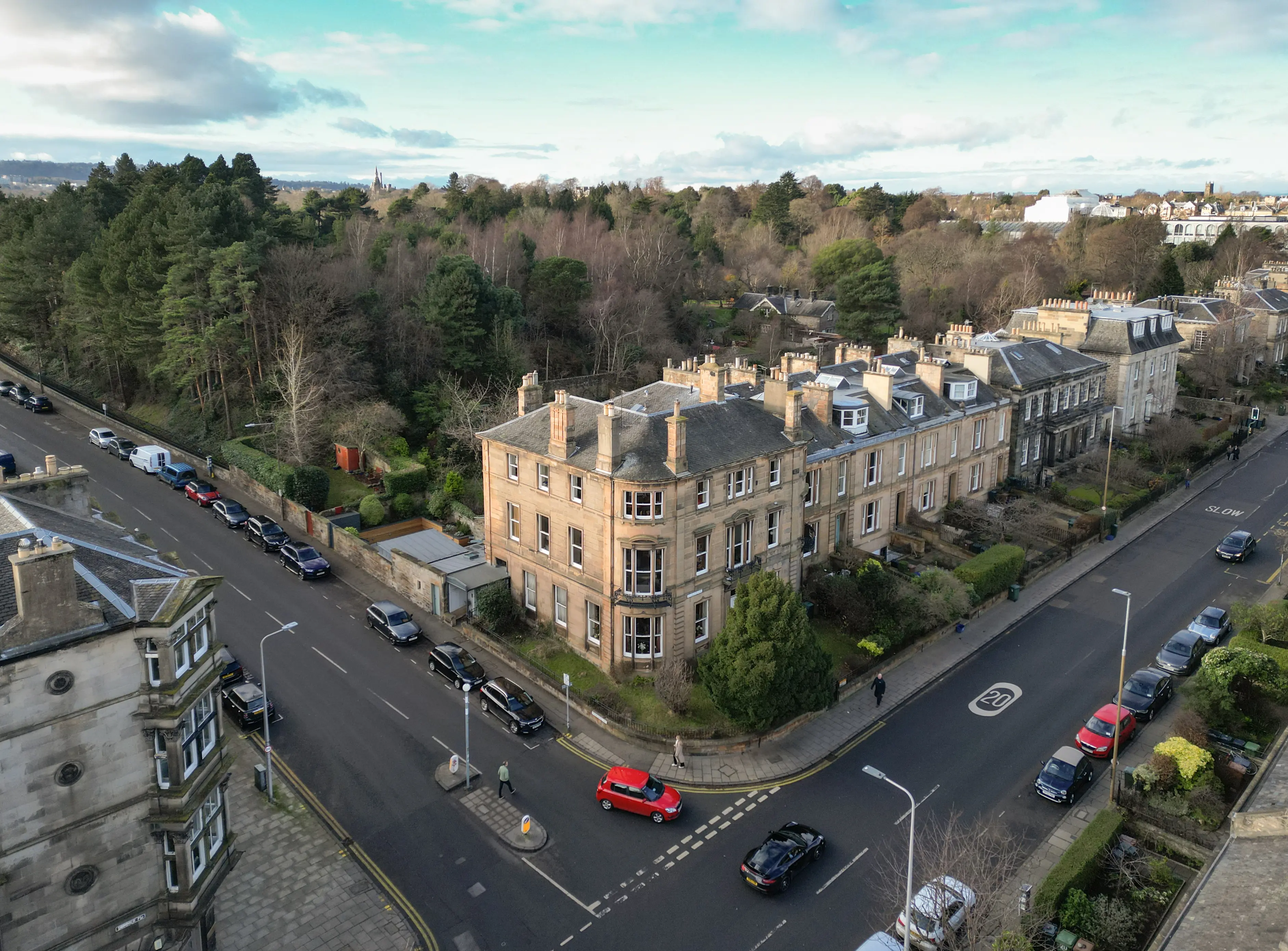 Aerial view of The Garden Rooms Edinburgh and the Royal Botanic Gardens beyond