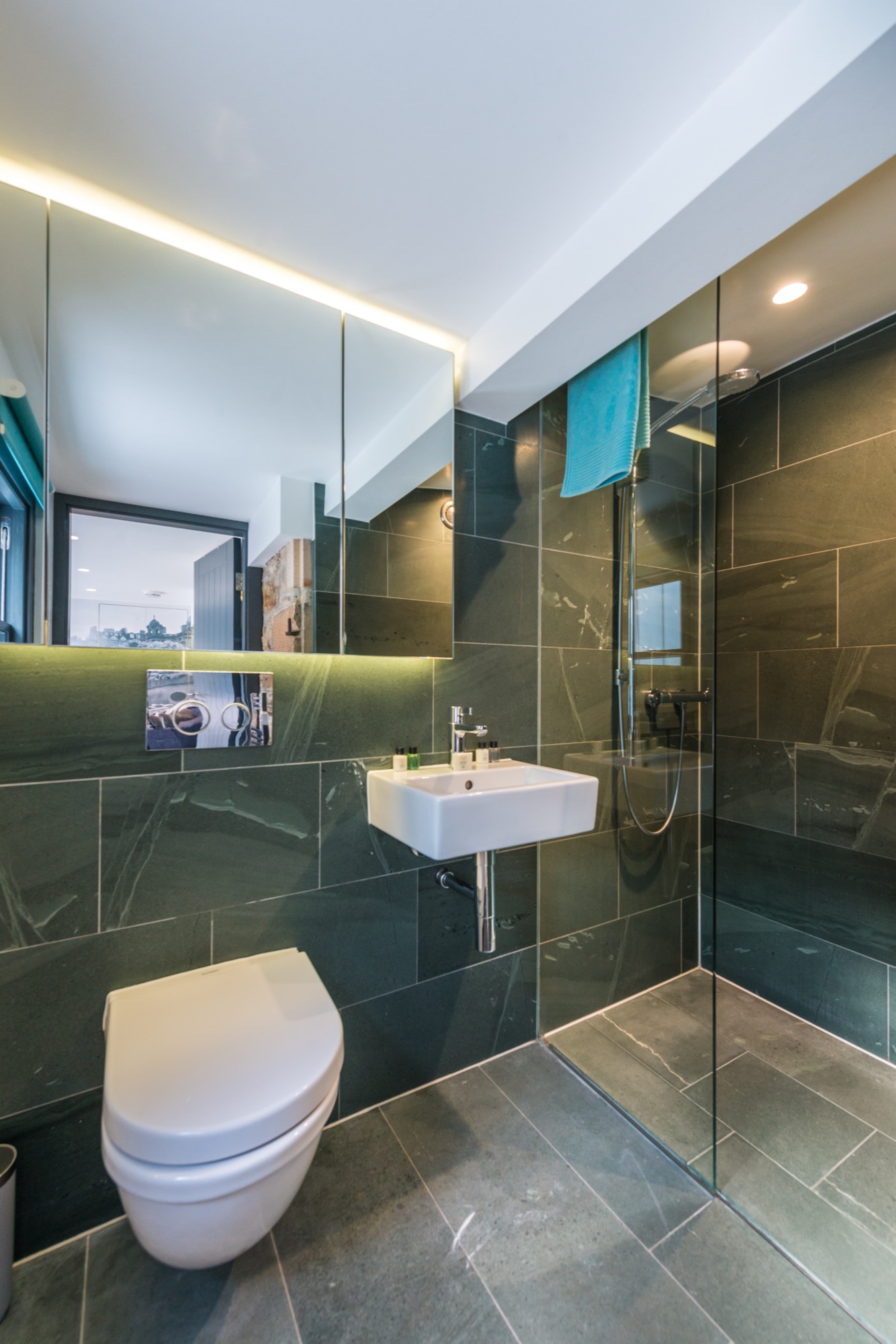 Walk-in shower with green tiles, portrait view